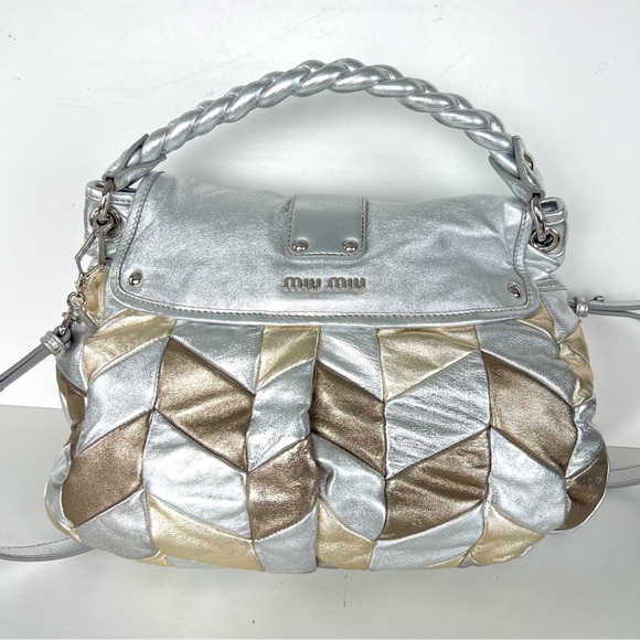 ♦️SOLD♦️MIU MIU Coffer Metallic Silver Gold Bronze Leather  Patchwork Shoulder - Picture 6 of 16